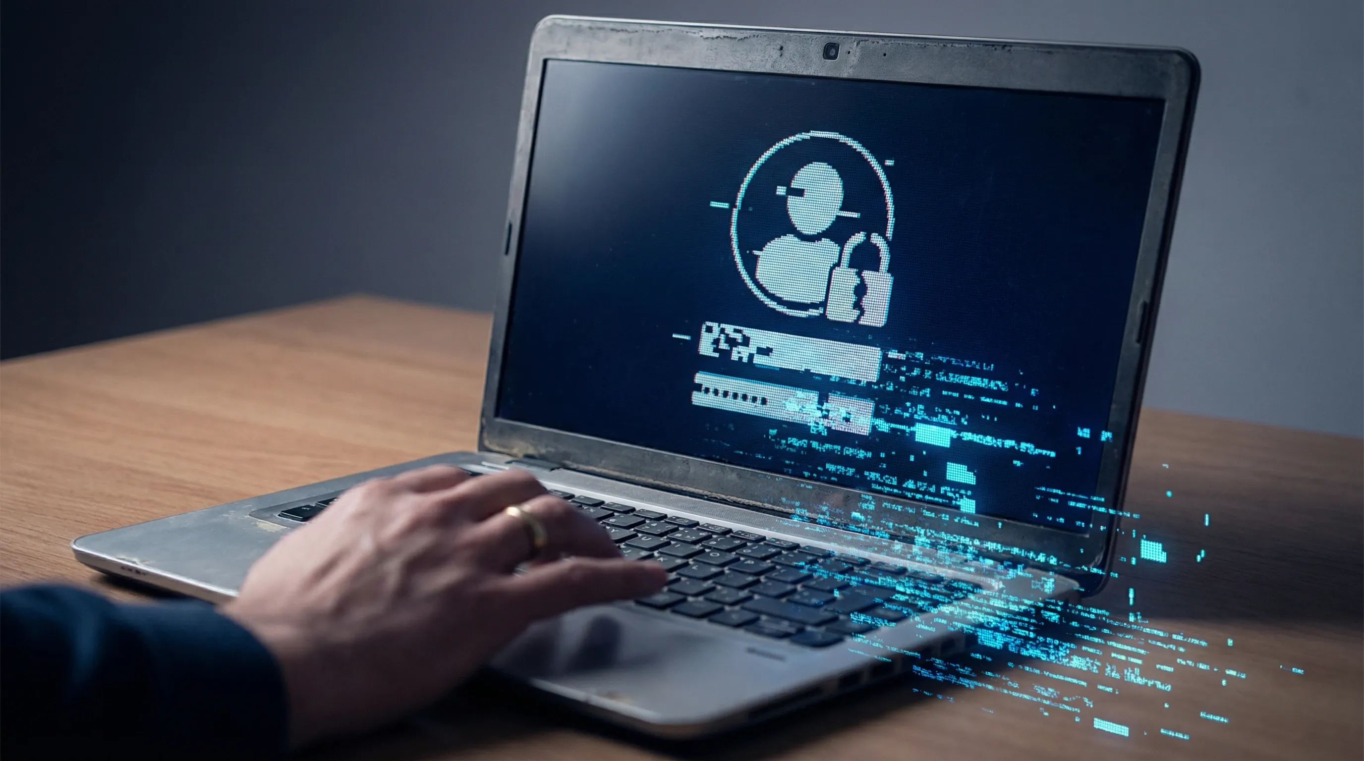 Person typing on a laptop displaying a broken user profile and padlock icon, with glitching digital data effects, symbolizing an account breach, leaked user IDs, and preventable security failures on online platforms.